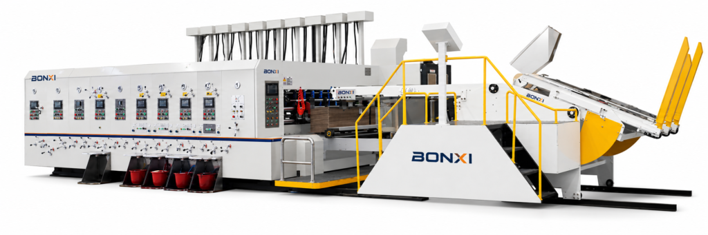 BONXI hydraulic semi-automatic board feeder connected to corrugated flexo printing machine
