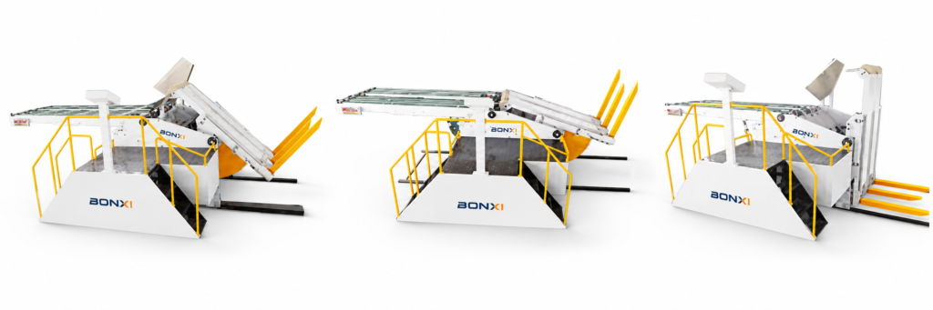 BONXI hydraulic board feeder showing large corrugated board lifting and flipping process