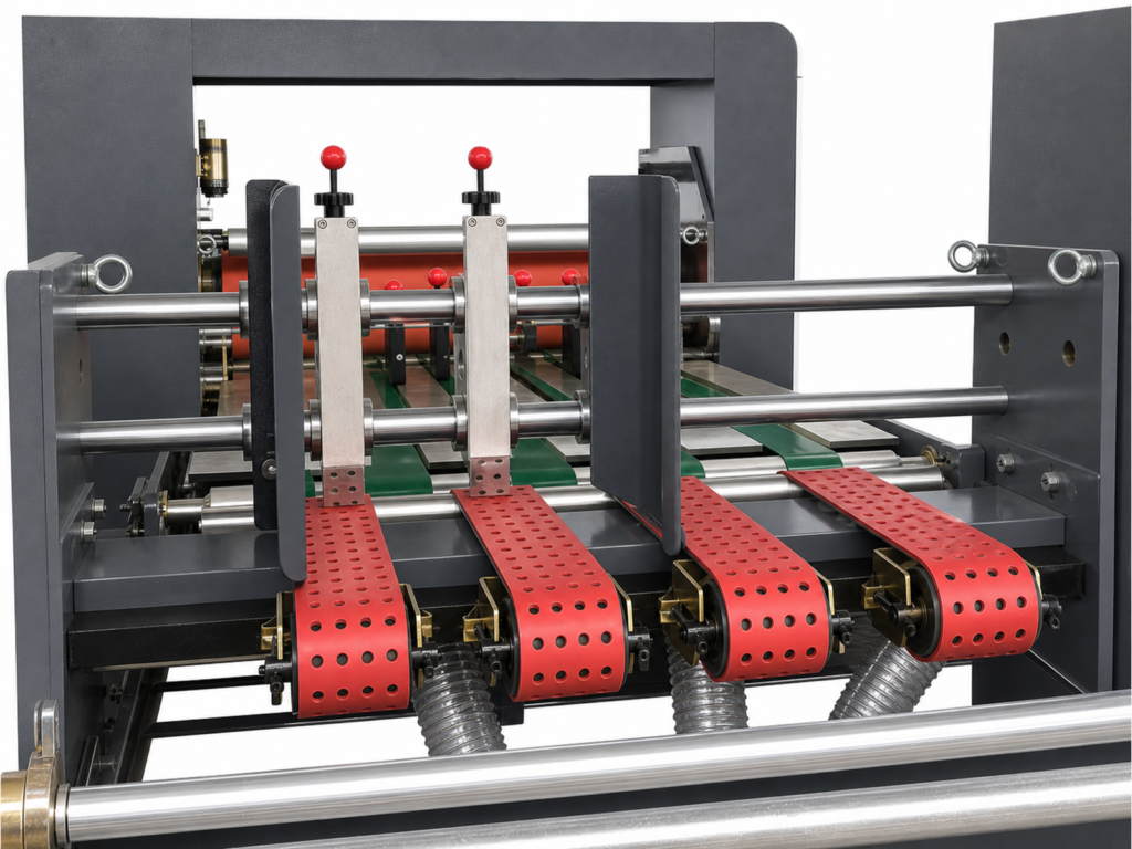 Adjustable paperboard feeding mechanism inside the YDWL-1120 laminating machine