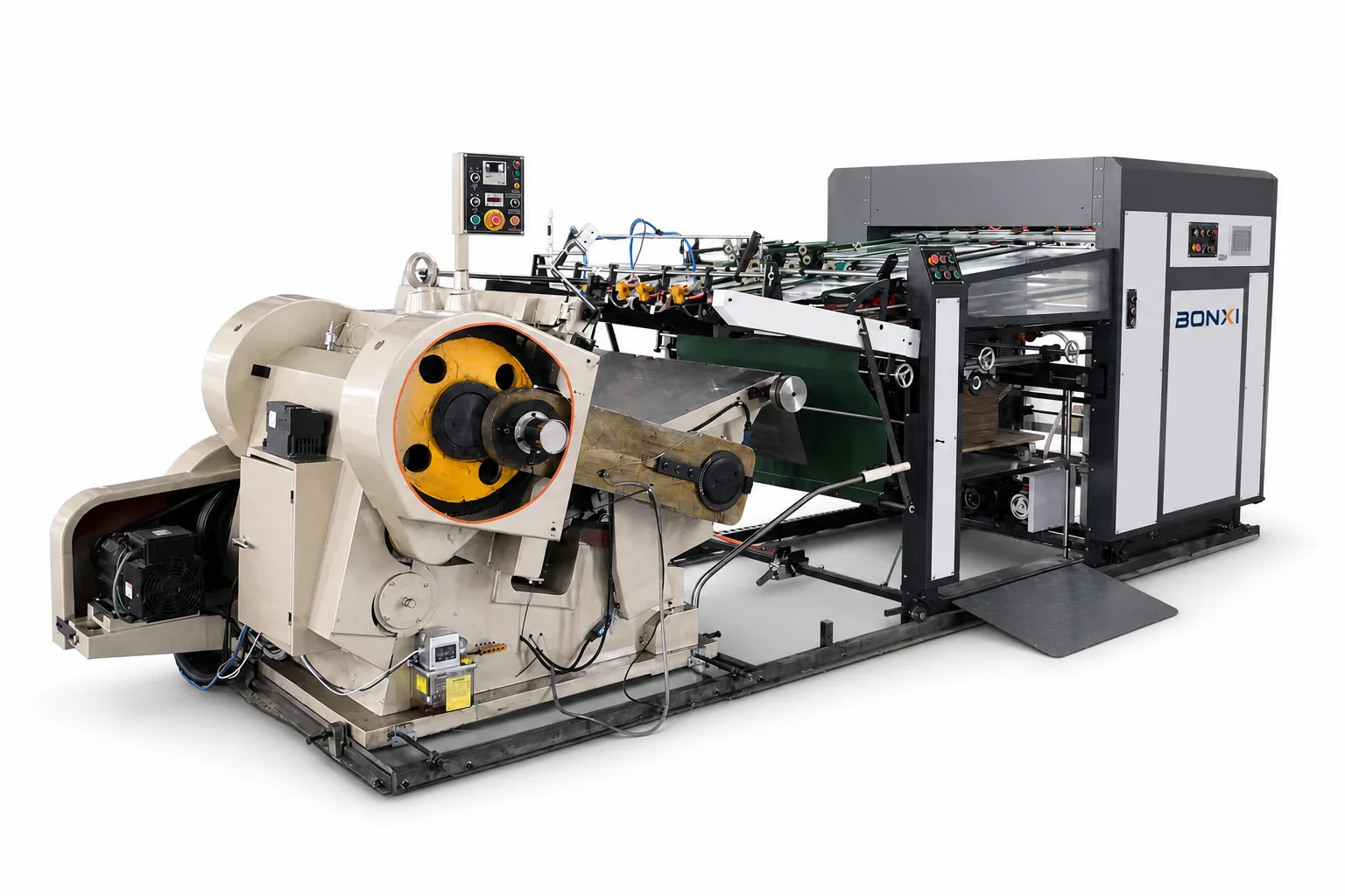 Three-quarter view of BONXI automatic flatbed die cutting and creasing line
