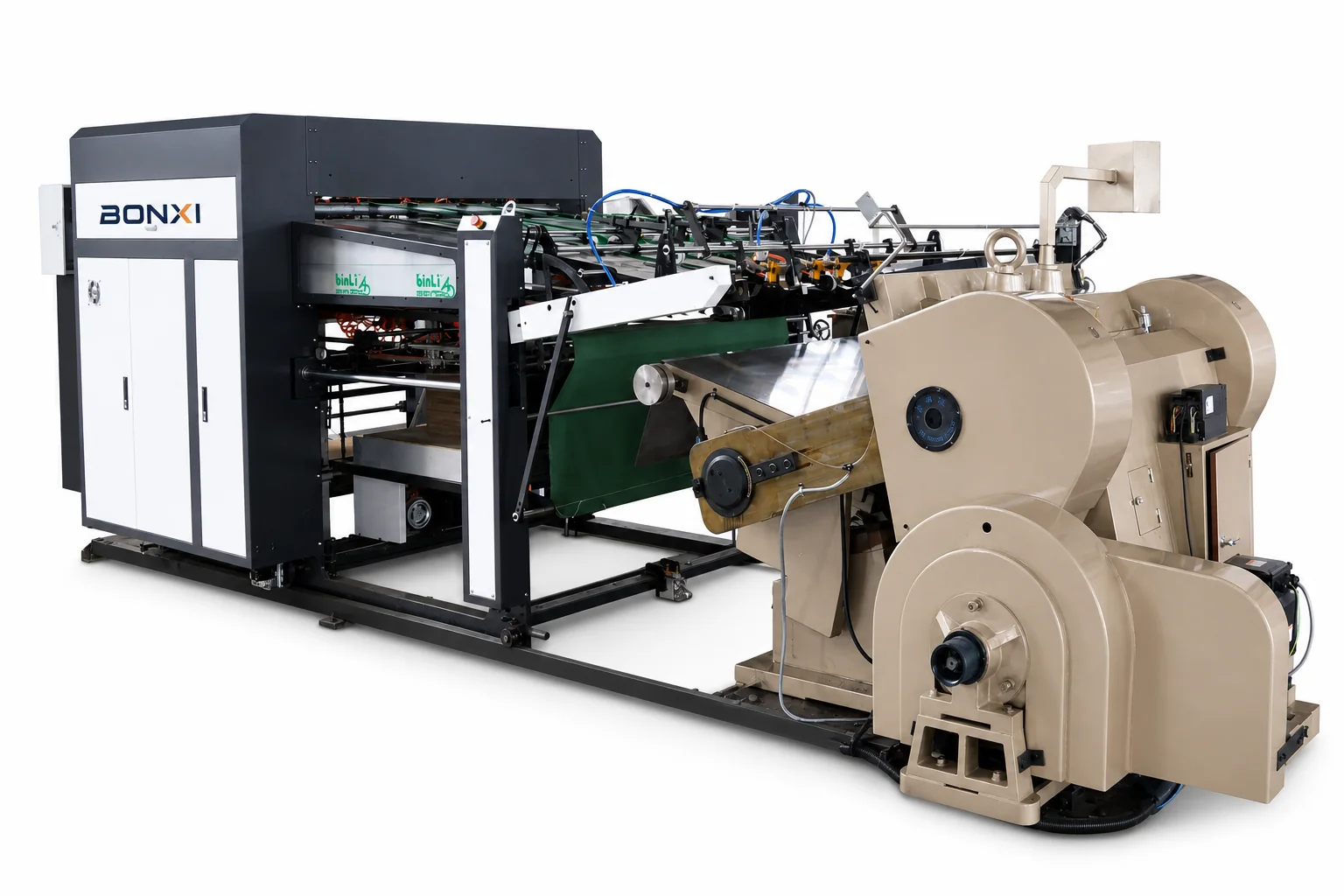 Rear three-quarter view of BONXI flatbed die cutting machine line