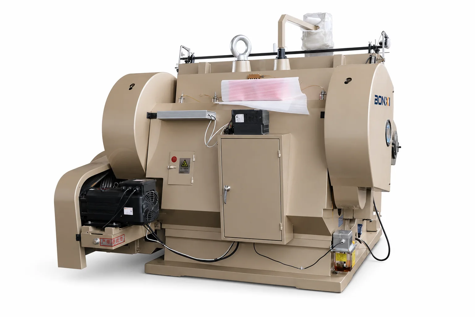 Rear view of BONXI platen die cutter with electrical cabinet and motor